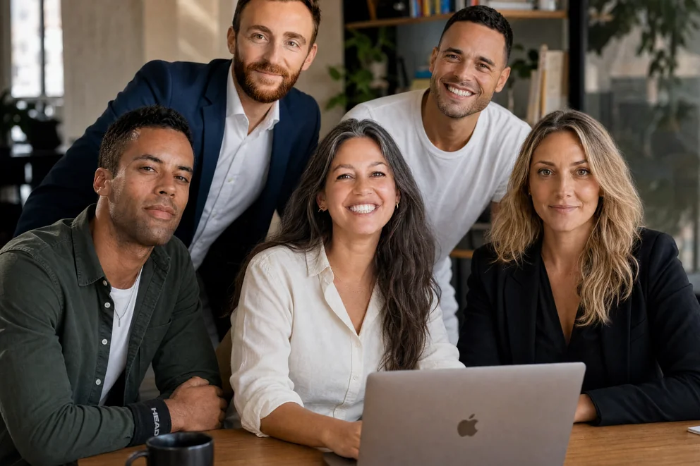 Xavier, Kévin, Julie, Albain et Célia, l’équipe WebWorking réunie dans son espace de travail
